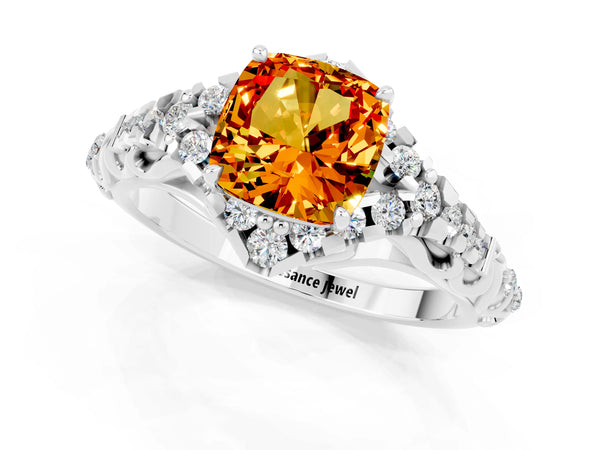 Platinum Cushion Cut Citrine Solitaire Ring with Hidden Halo and Pavé Band