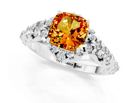 White gold Cushion Cut Citrine Solitaire Ring with Hidden Halo and Pavé Band_13