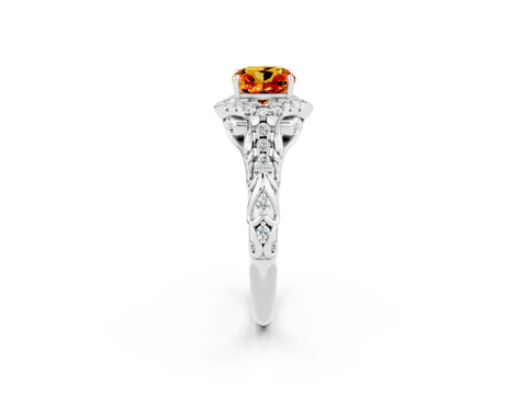 White gold Cushion Cut Citrine Solitaire Ring with Hidden Halo and Pavé Band_14