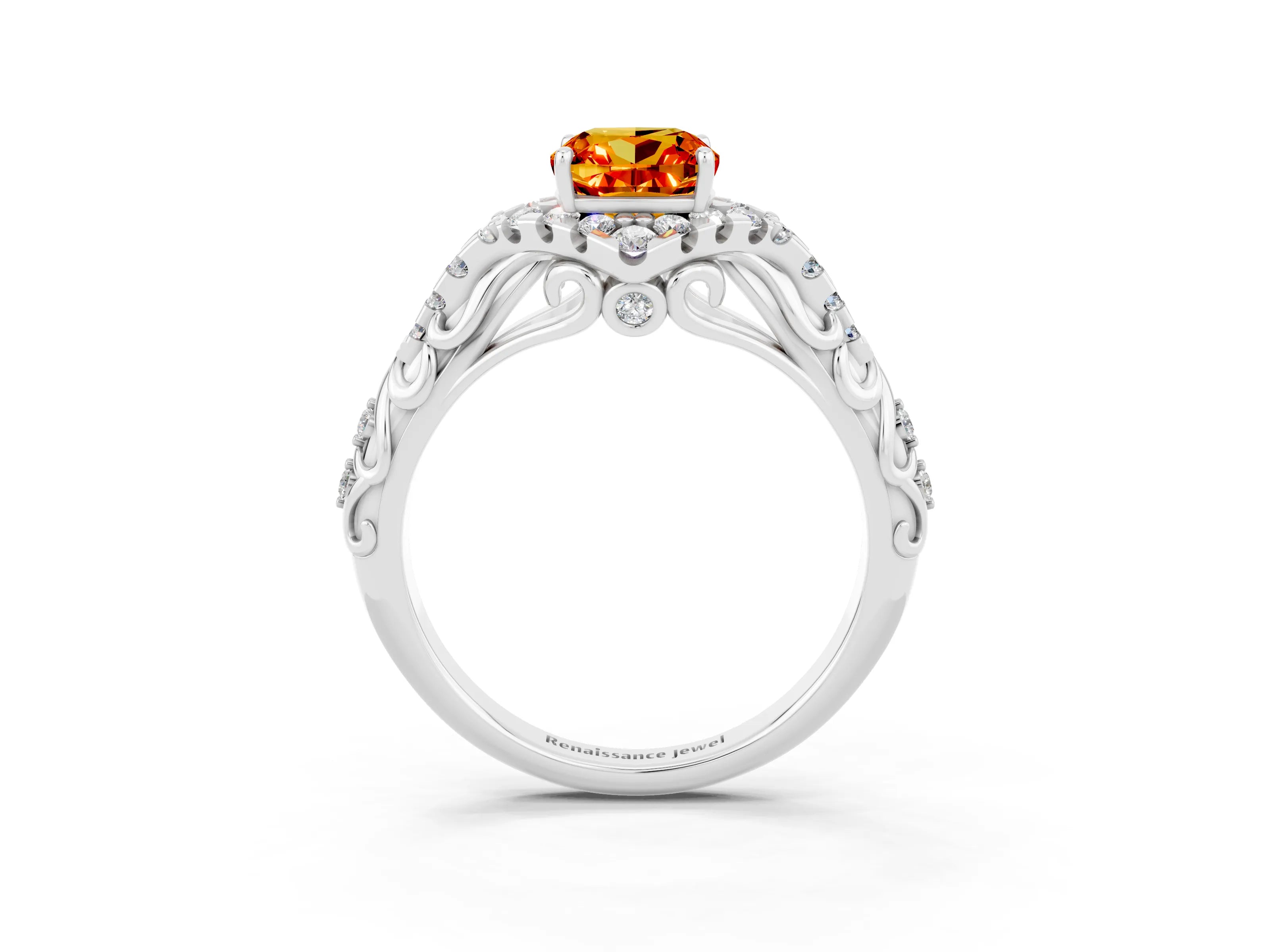 White gold Cushion Cut Citrine Solitaire Ring with Hidden Halo and Pavé Band_15
