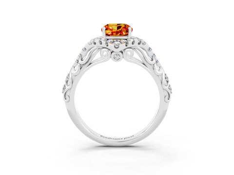 White gold Cushion Cut Citrine Solitaire Ring with Hidden Halo and Pavé Band_15