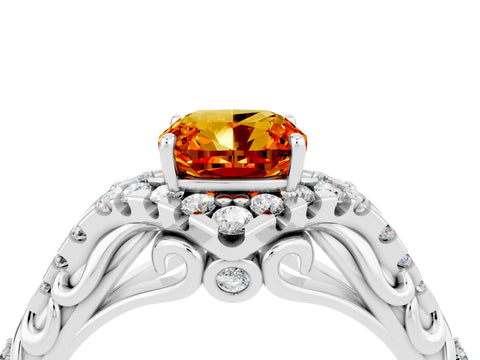 White gold Cushion Cut Citrine Solitaire Ring with Hidden Halo and Pavé Band_16