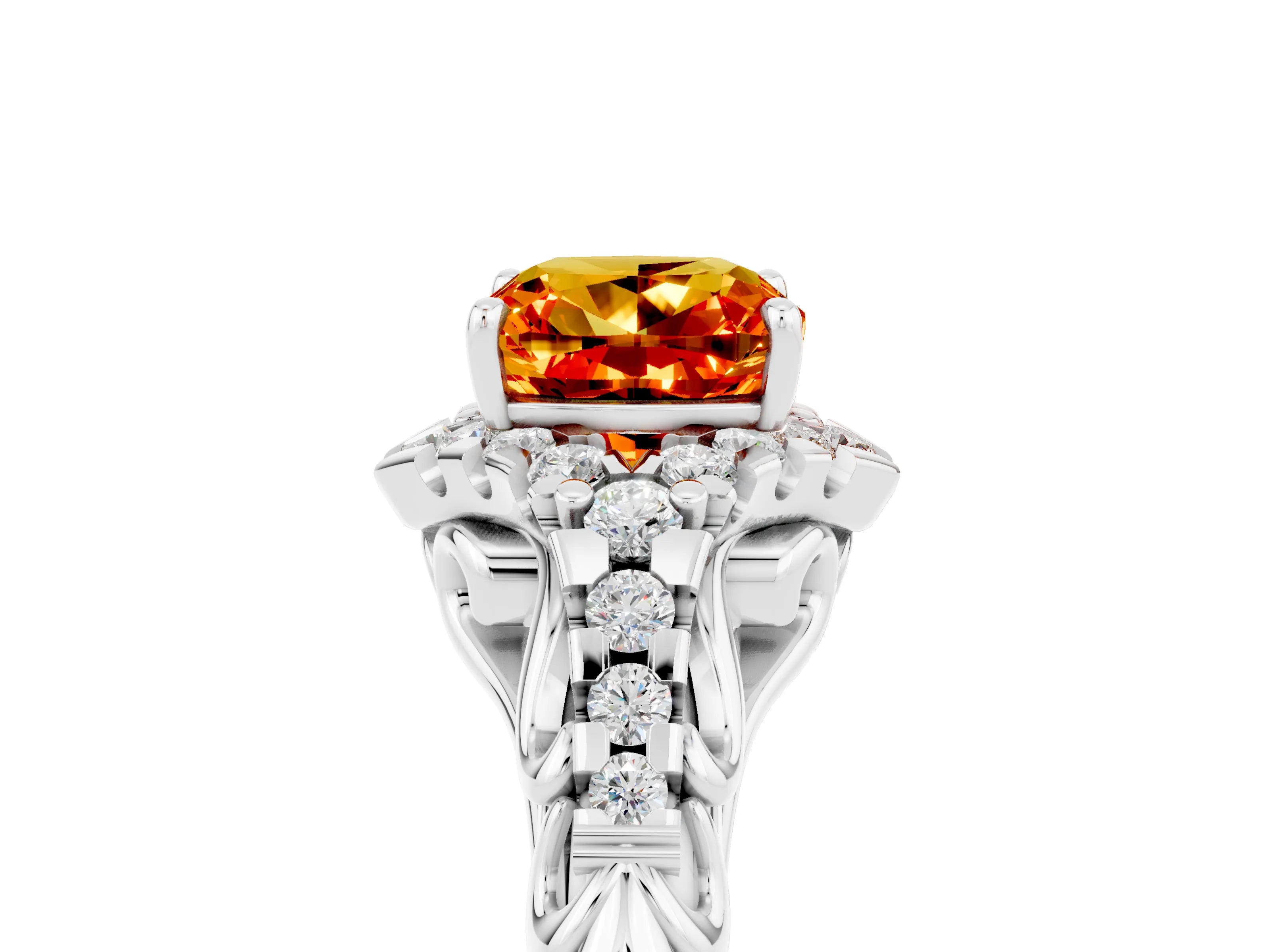 White gold Cushion Cut Citrine Solitaire Ring with Hidden Halo and Pavé Band_17