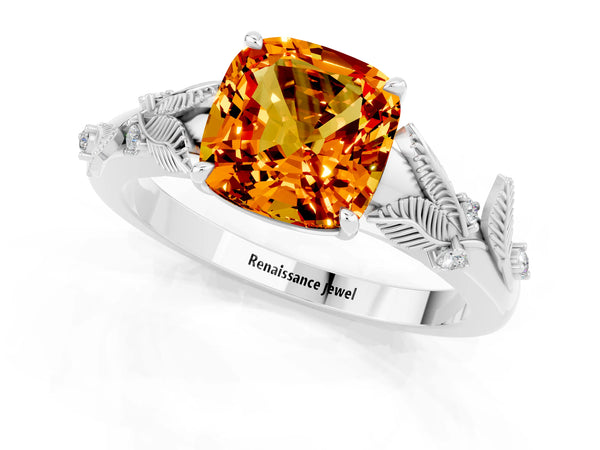 Platinum Cushion Cut Citrine Solitaire Ring with Leaf Motif Band and Four-Prong Setting