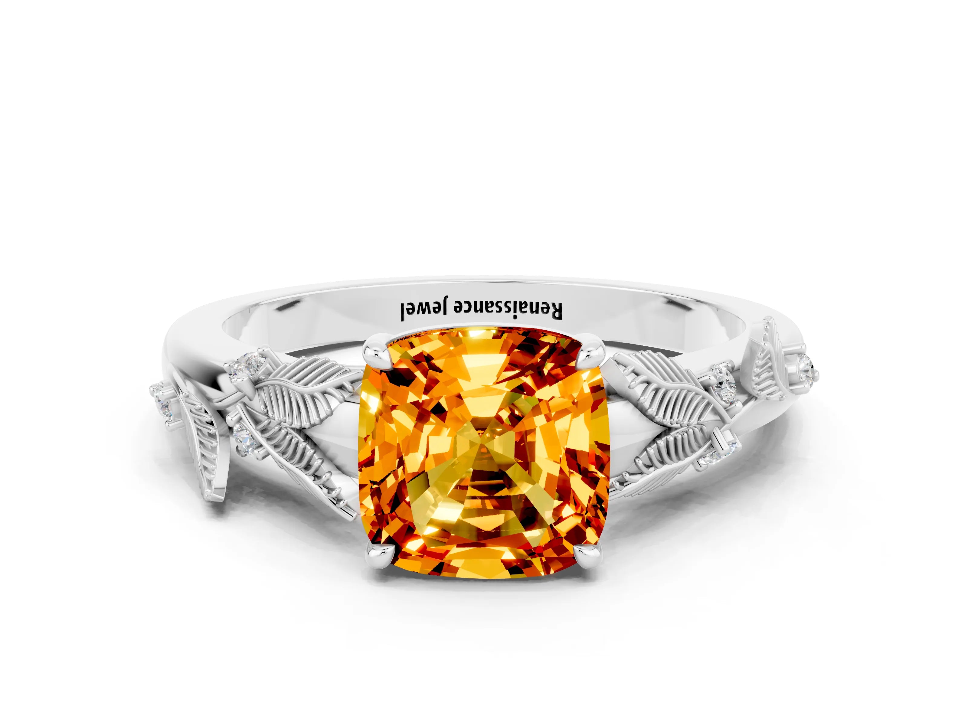 White gold Cushion Cut Citrine Solitaire Ring with Leaf Motif Band and Four-Prong Setting_12