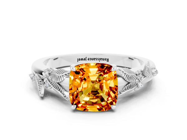 White gold Cushion Cut Citrine Solitaire Ring with Leaf Motif Band and Four-Prong Setting