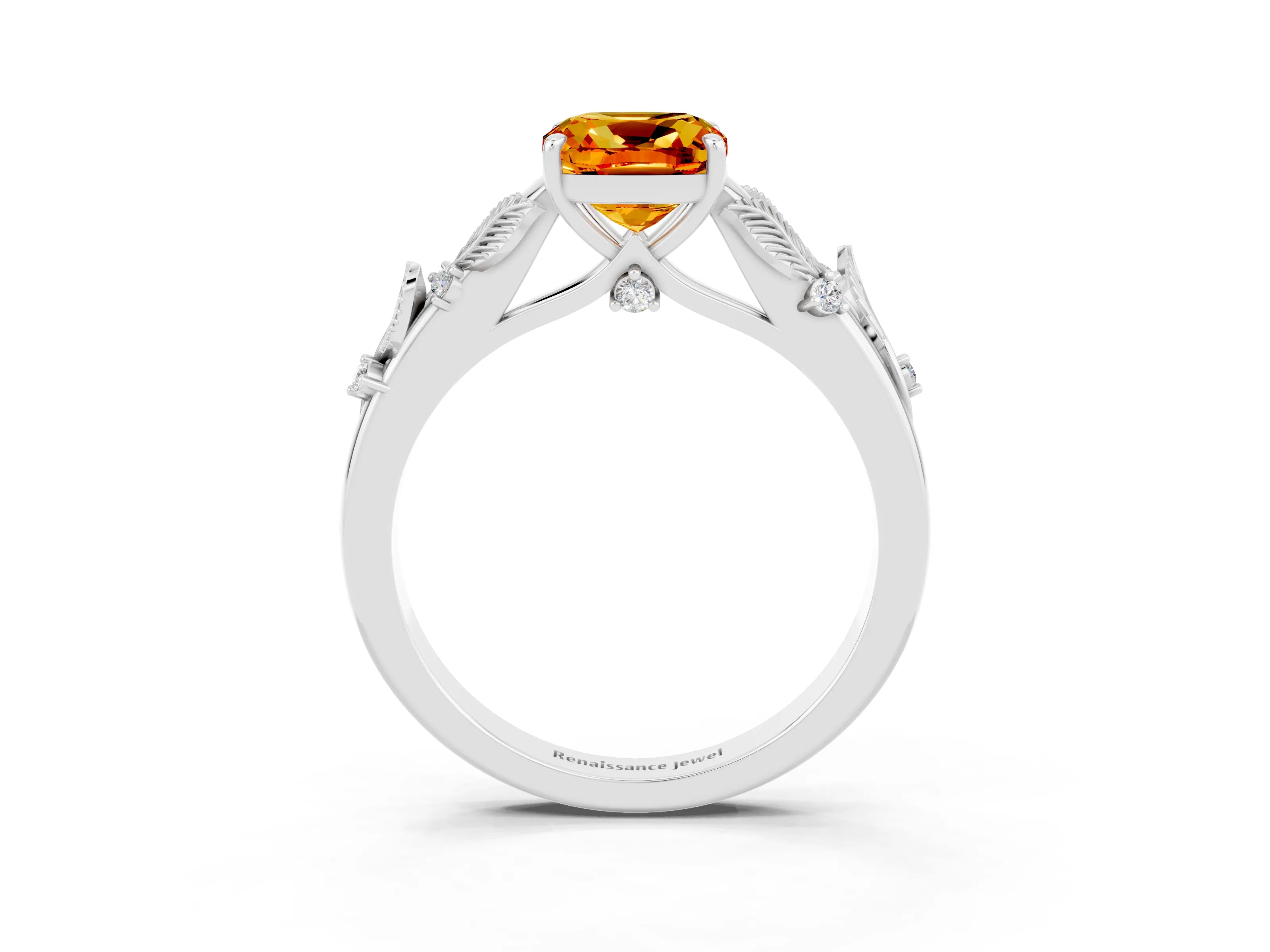 White gold Cushion Cut Citrine Solitaire Ring with Leaf Motif Band and Four-Prong Setting_15