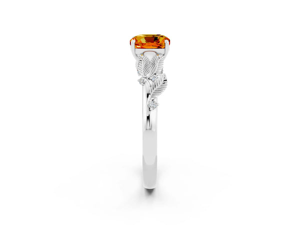 Platinum Cushion Cut Citrine Solitaire Ring with Leaf Motif Band and Four-Prong Setting