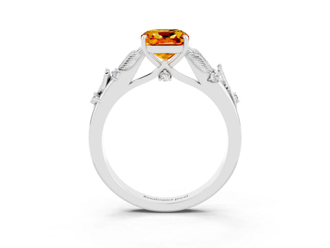 White gold Cushion Cut Citrine Solitaire Ring with Leaf Motif Band and Four-Prong Setting_3
