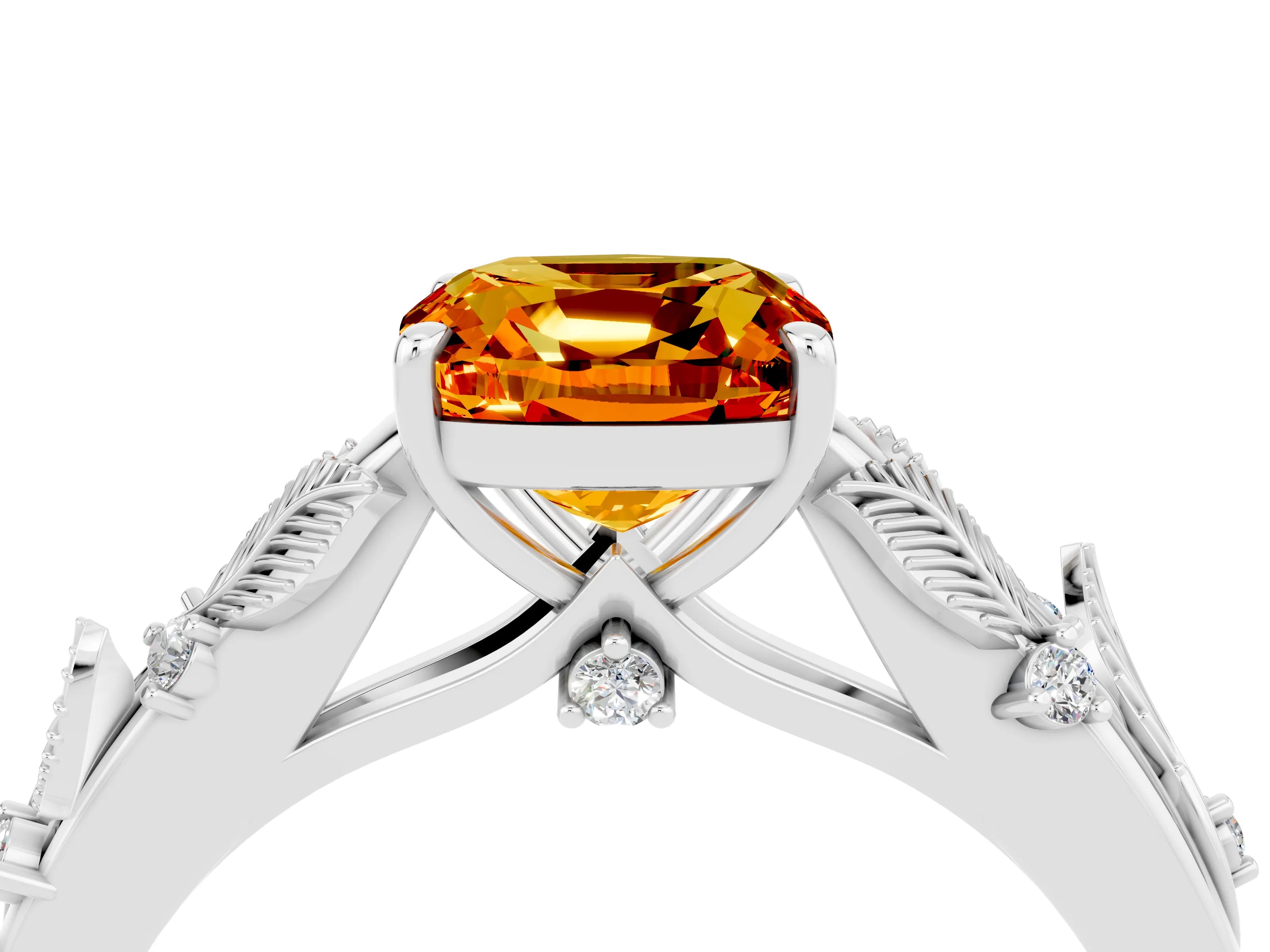 White gold Cushion Cut Citrine Solitaire Ring with Leaf Motif Band and Four-Prong Setting_4