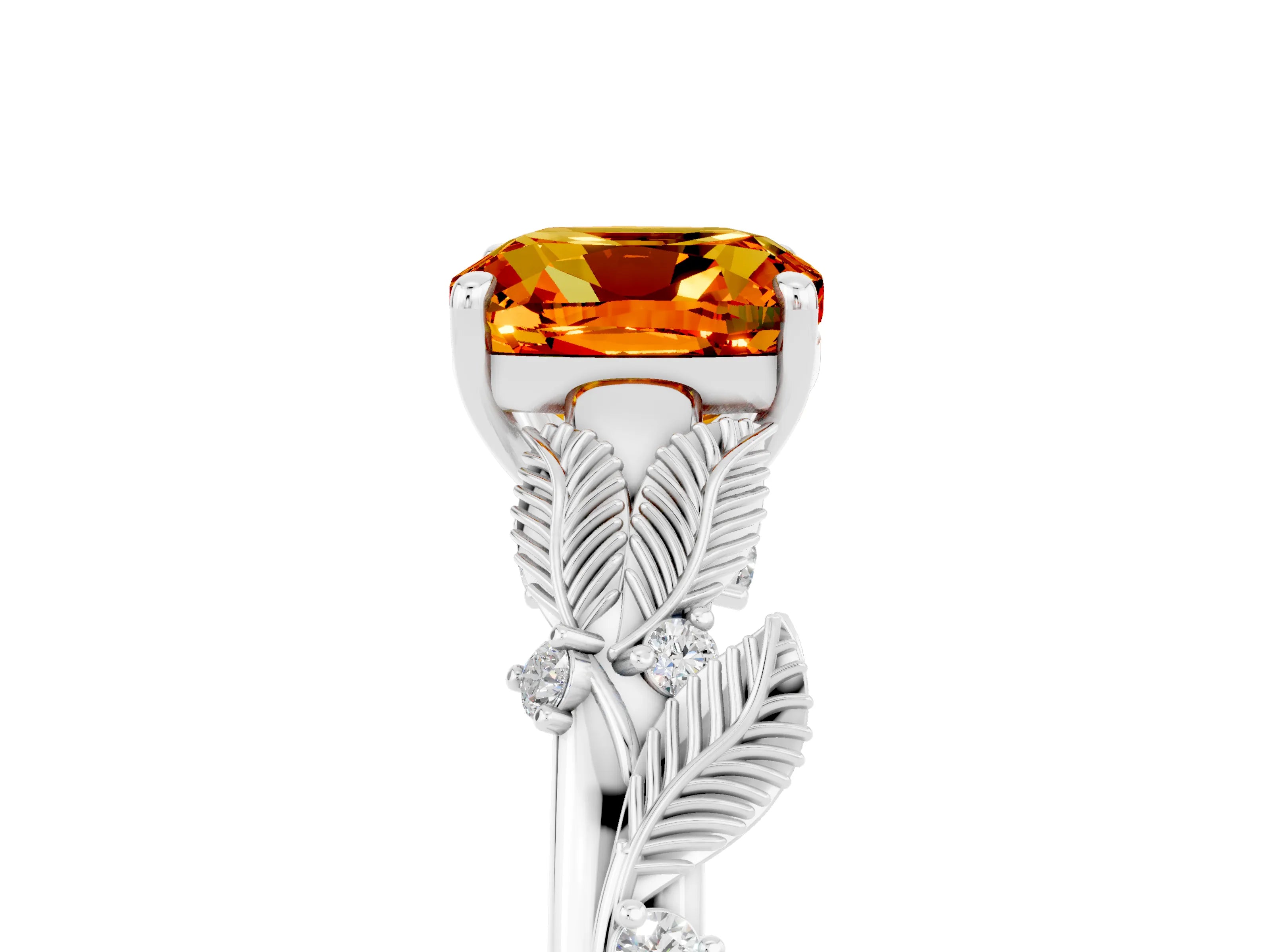 White gold Cushion Cut Citrine Solitaire Ring with Leaf Motif Band and Four-Prong Setting_5