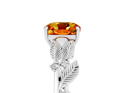 White gold Cushion Cut Citrine Solitaire Ring with Leaf Motif Band and Four-Prong Setting_5