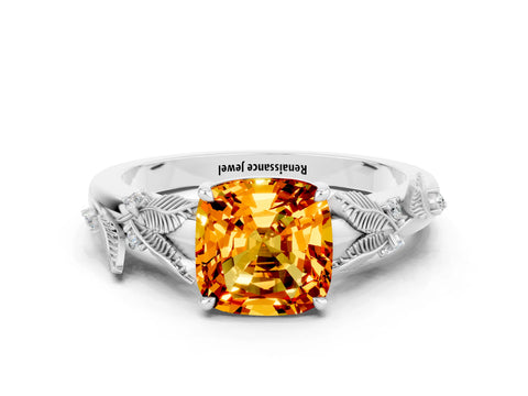 White gold Cushion Cut Citrine Solitaire Ring with Leaf Motif Band and Four-Prong Setting