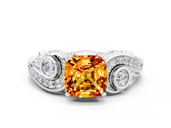 Platinum Cushion Cut Citrine Solitaire Ring with Milgrain Pavé Band and Four-Prong Setting