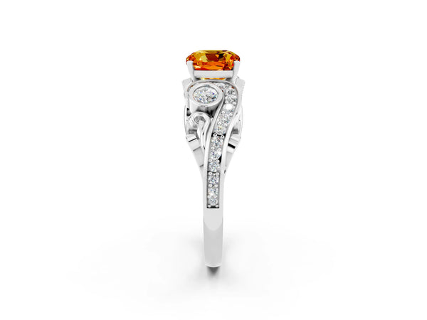 Silver Cushion Cut Citrine Solitaire Ring with Milgrain Pavé Band and Four-Prong Setting