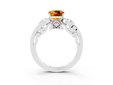 White gold Cushion Cut Citrine Solitaire Ring with Milgrain Pavé Band and Four-Prong Setting_15