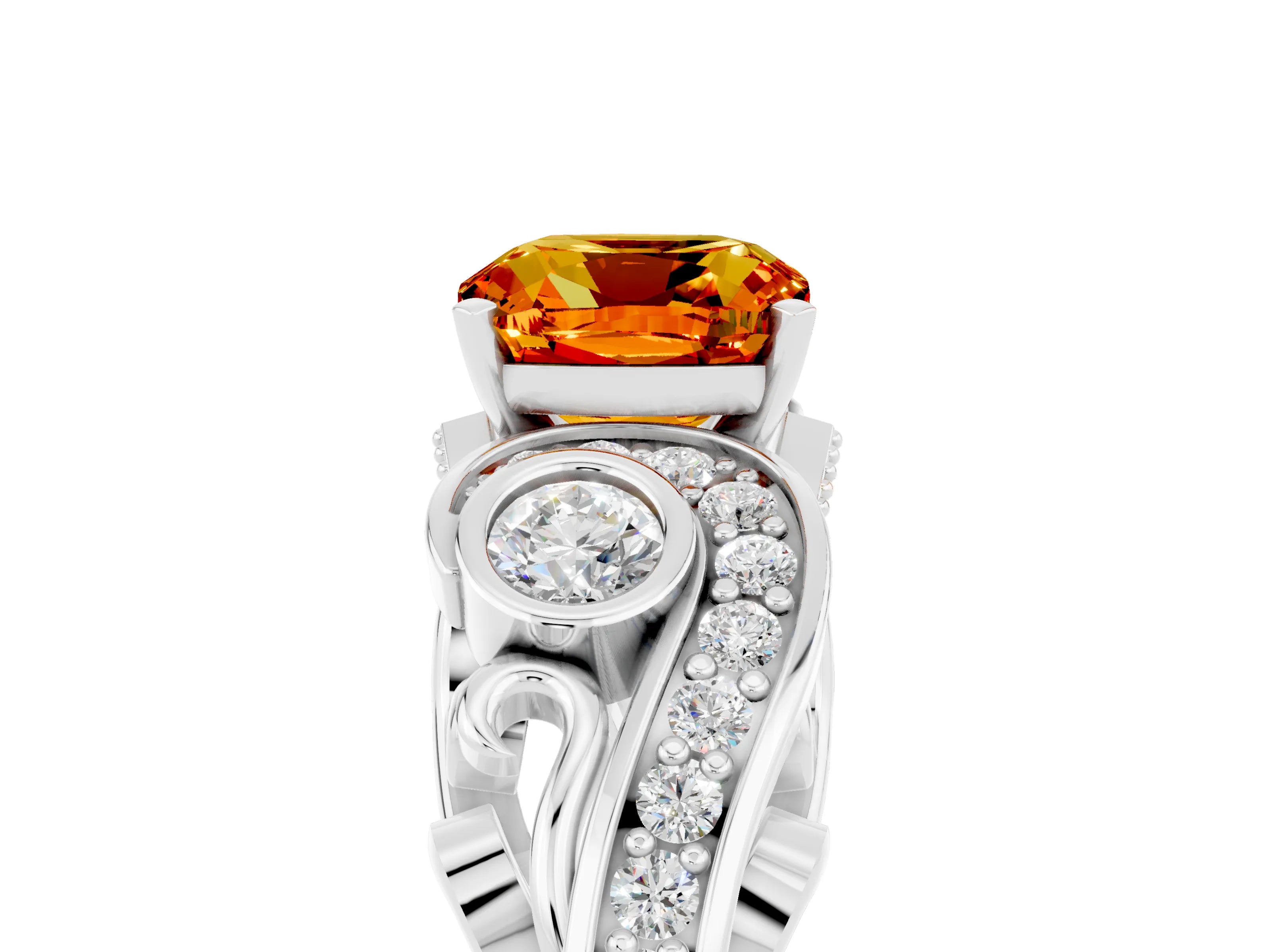 White gold Cushion Cut Citrine Solitaire Ring with Milgrain Pavé Band and Four-Prong Setting_17