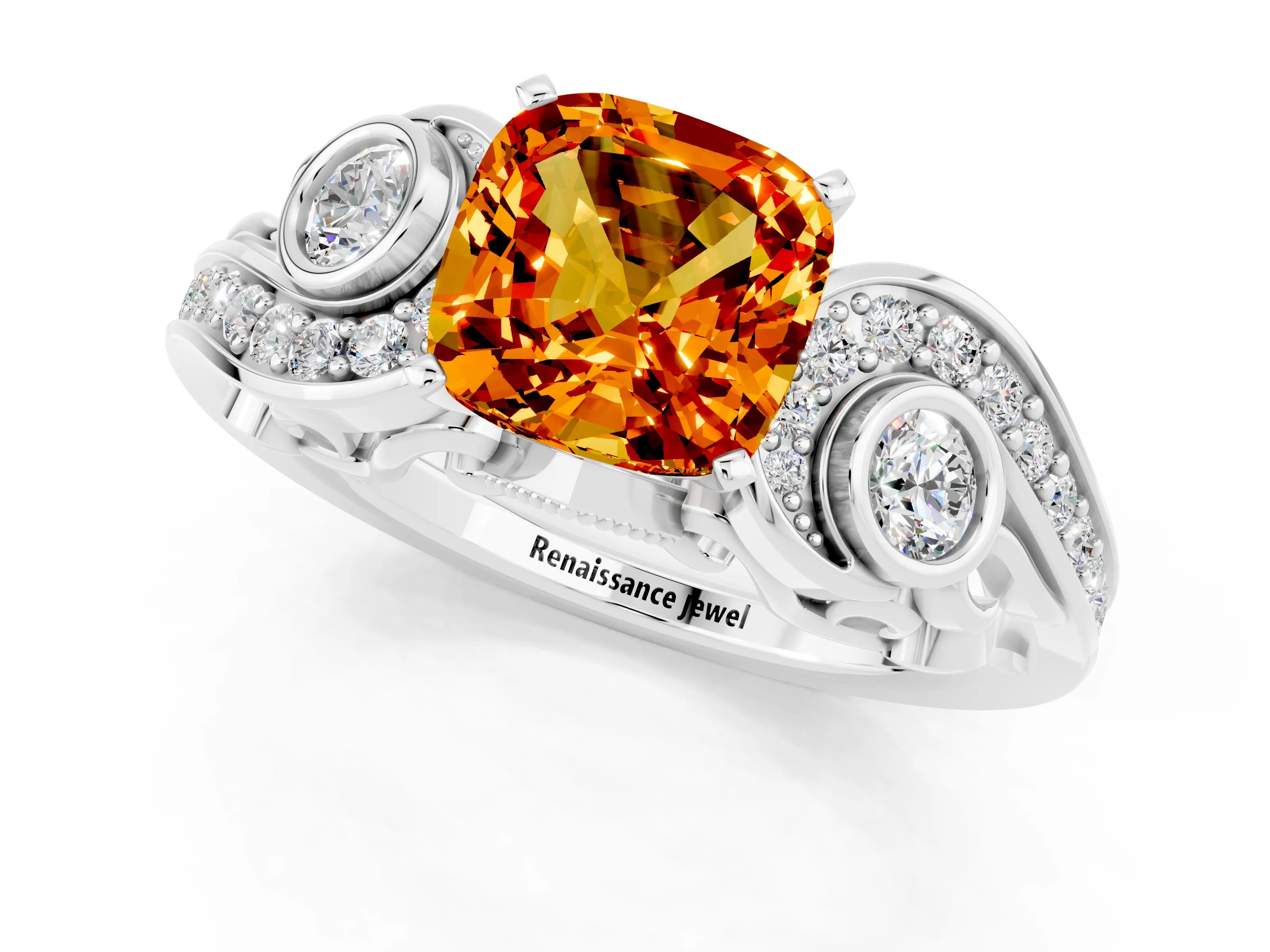 White gold Cushion Cut Citrine Solitaire Ring with Milgrain Pavé Band and Four-Prong Setting_49