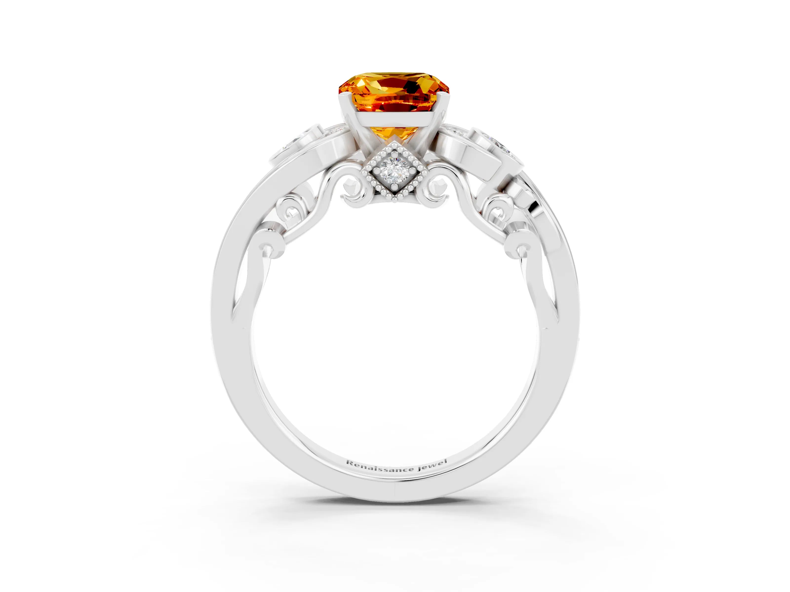 White gold Cushion Cut Citrine Solitaire Ring with Milgrain Pavé Band and Four-Prong Setting_51
