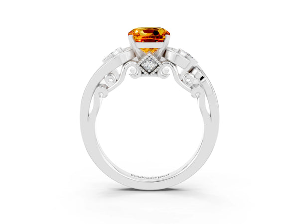 White gold Cushion Cut Citrine Solitaire Ring with Milgrain Pavé Band and Four-Prong Setting