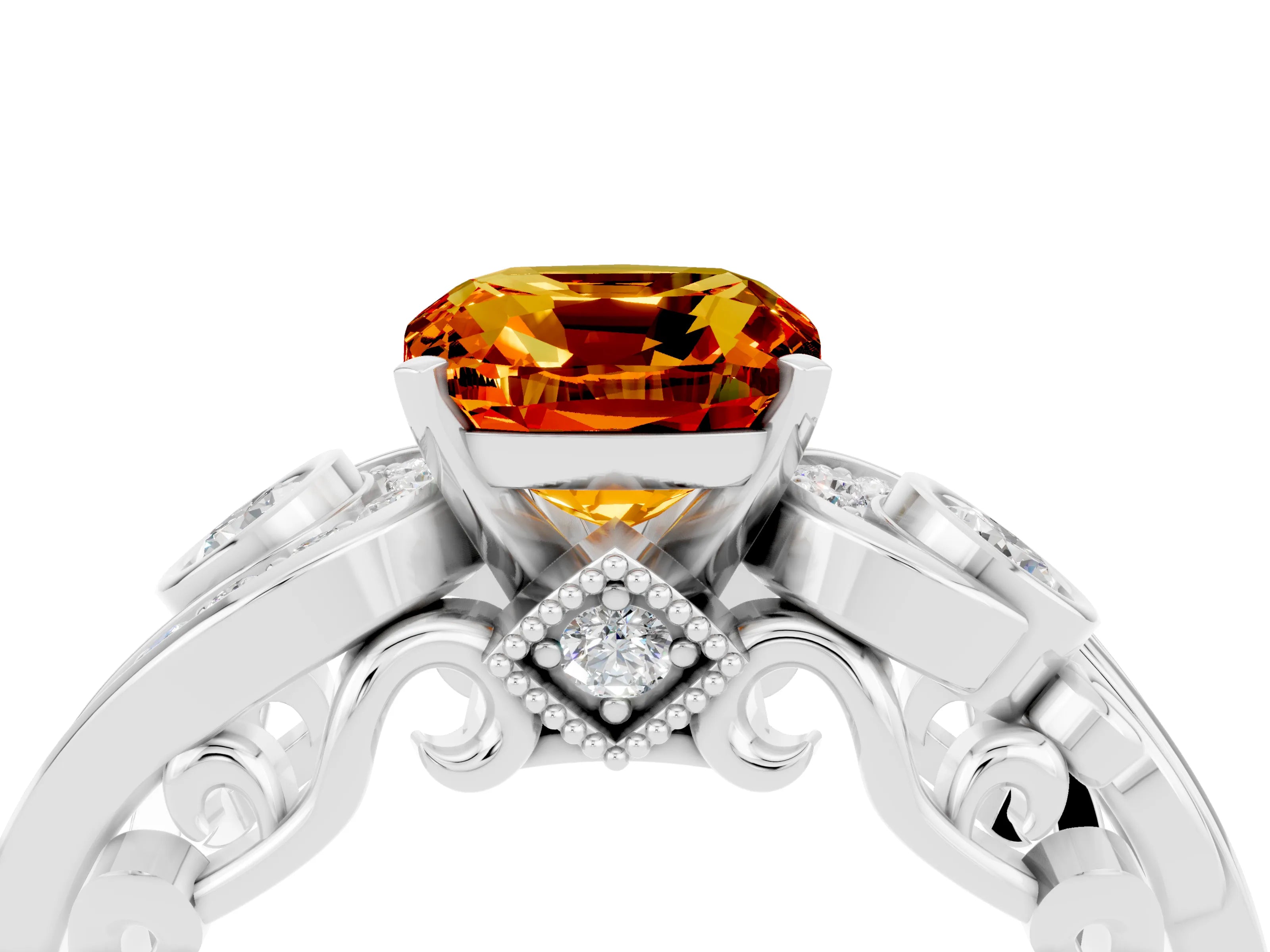 White gold Cushion Cut Citrine Solitaire Ring with Milgrain Pavé Band and Four-Prong Setting_52