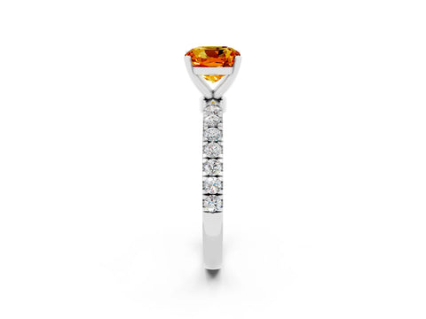 White gold Cushion Cut Citrine Solitaire Ring with Pavé Accents and Four-Prong Setting_2