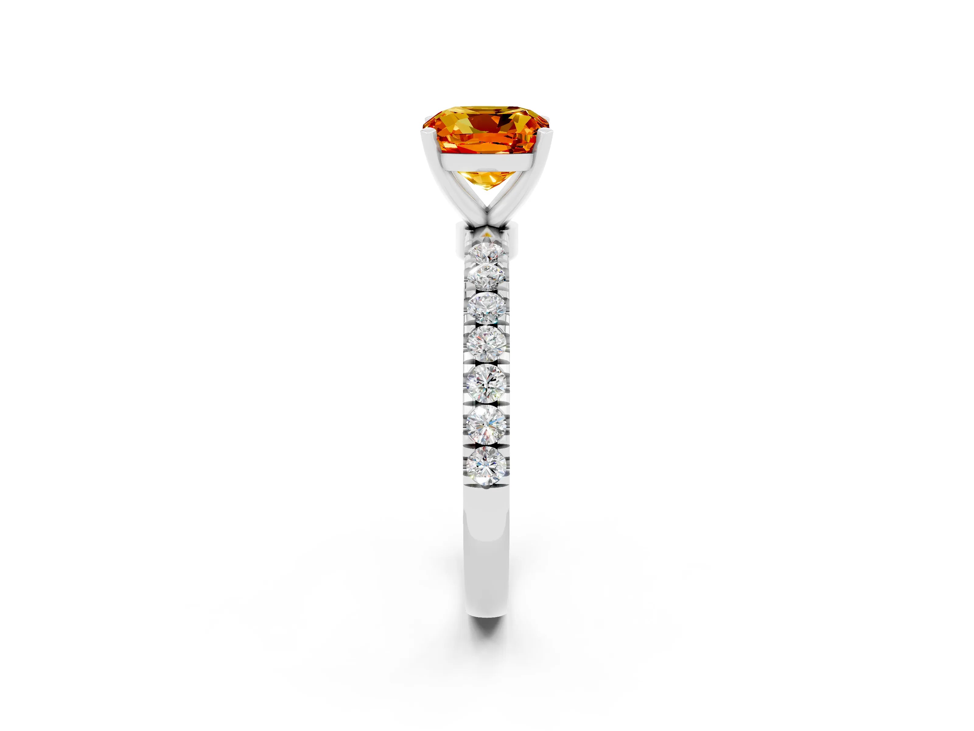 White gold Cushion Cut Citrine Solitaire Ring with Pavé Accents and Four-Prong Setting_2