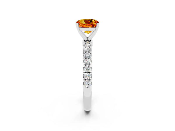 White gold Cushion Cut Citrine Solitaire Ring with Pavé Accents and Four-Prong Setting