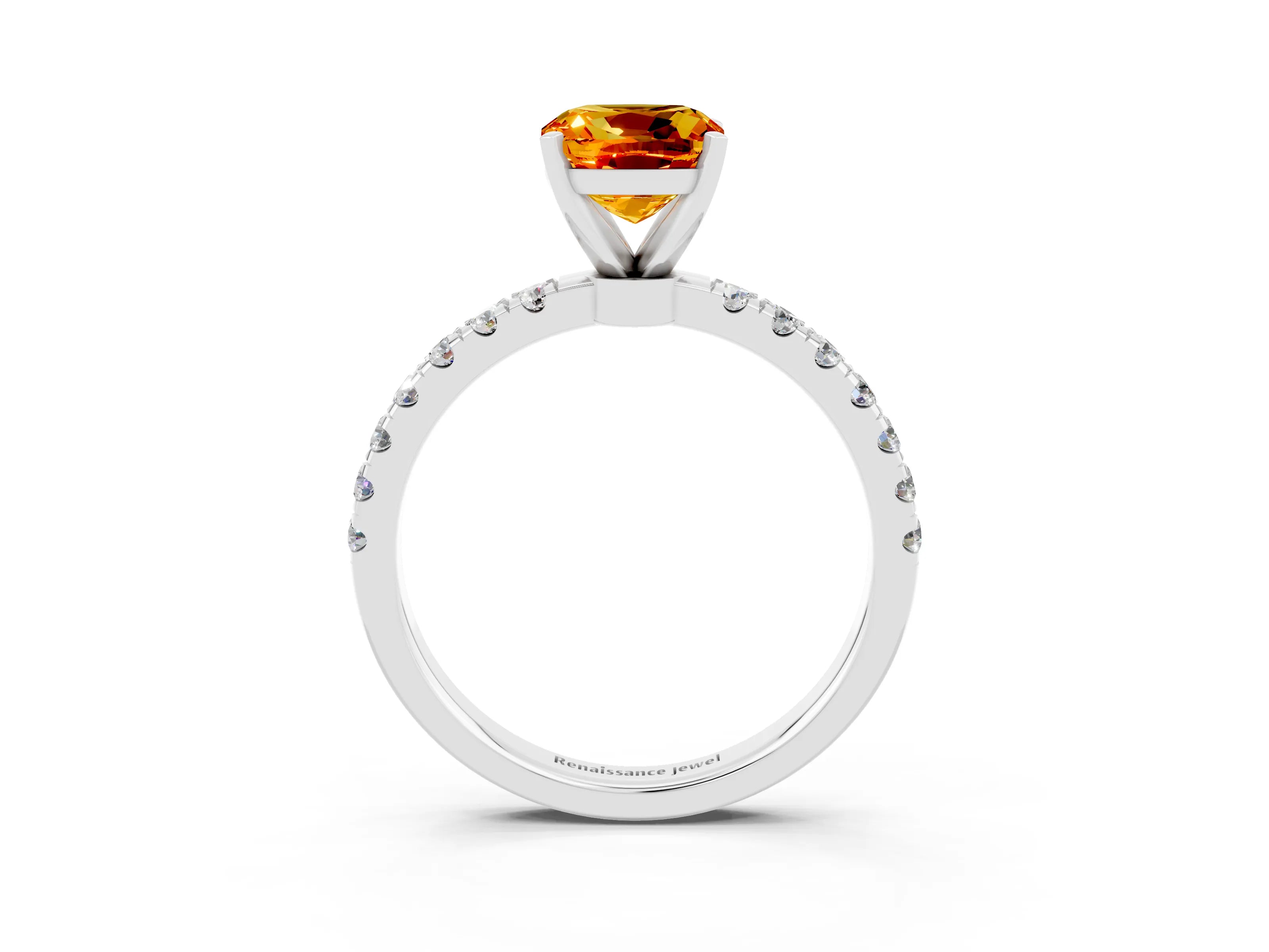 White gold Cushion Cut Citrine Solitaire Ring with Pavé Accents and Four-Prong Setting_3