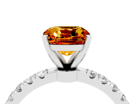White gold Cushion Cut Citrine Solitaire Ring with Pavé Accents and Four-Prong Setting_4