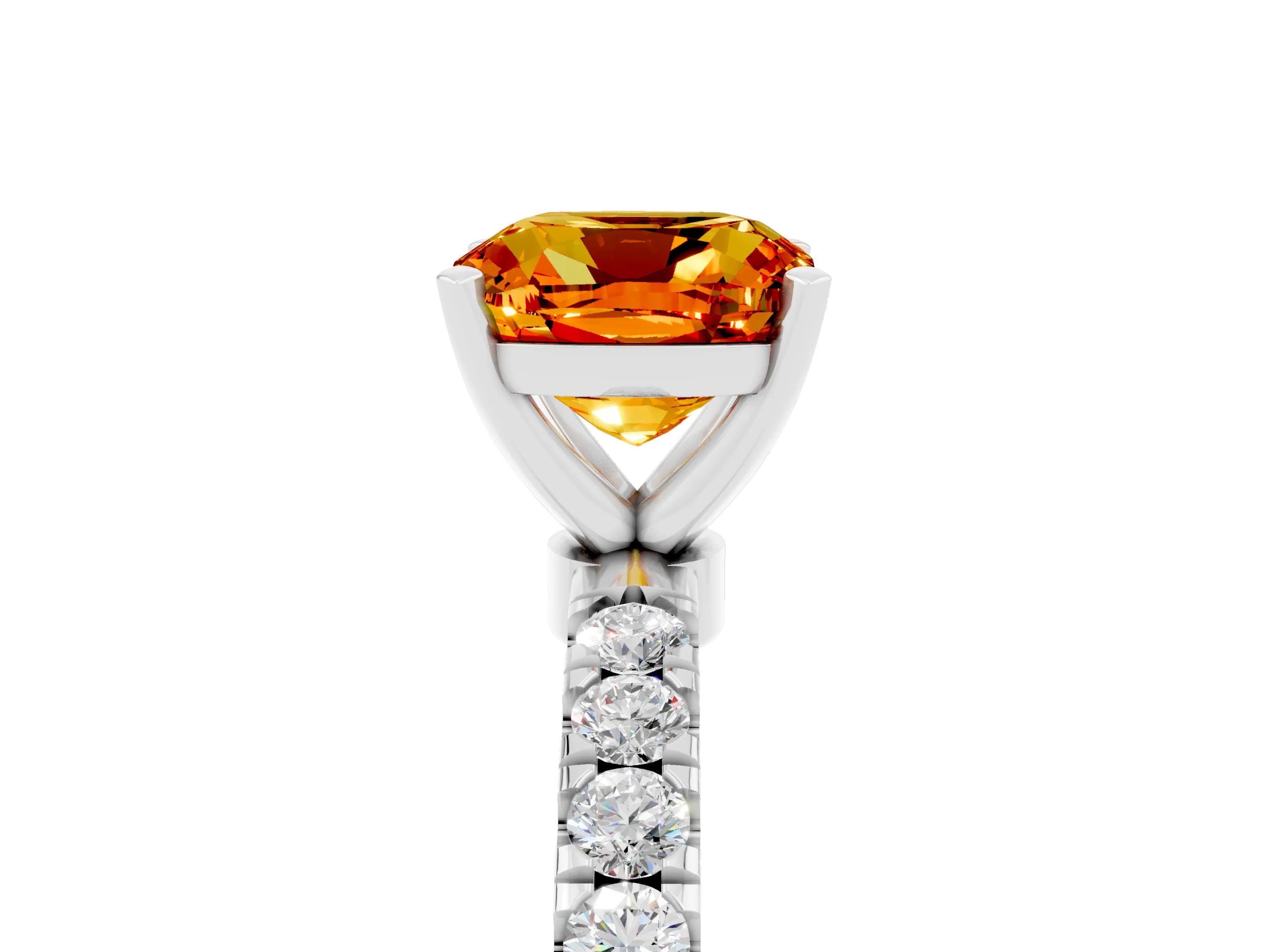 White gold Cushion Cut Citrine Solitaire Ring with Pavé Accents and Four-Prong Setting_5