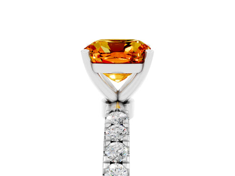 White gold Cushion Cut Citrine Solitaire Ring with Pavé Accents and Four-Prong Setting_5