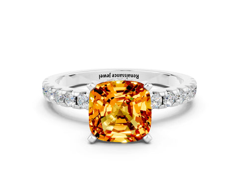 White gold Cushion Cut Citrine Solitaire Ring with Pavé Band and Four-Prong Setting_24