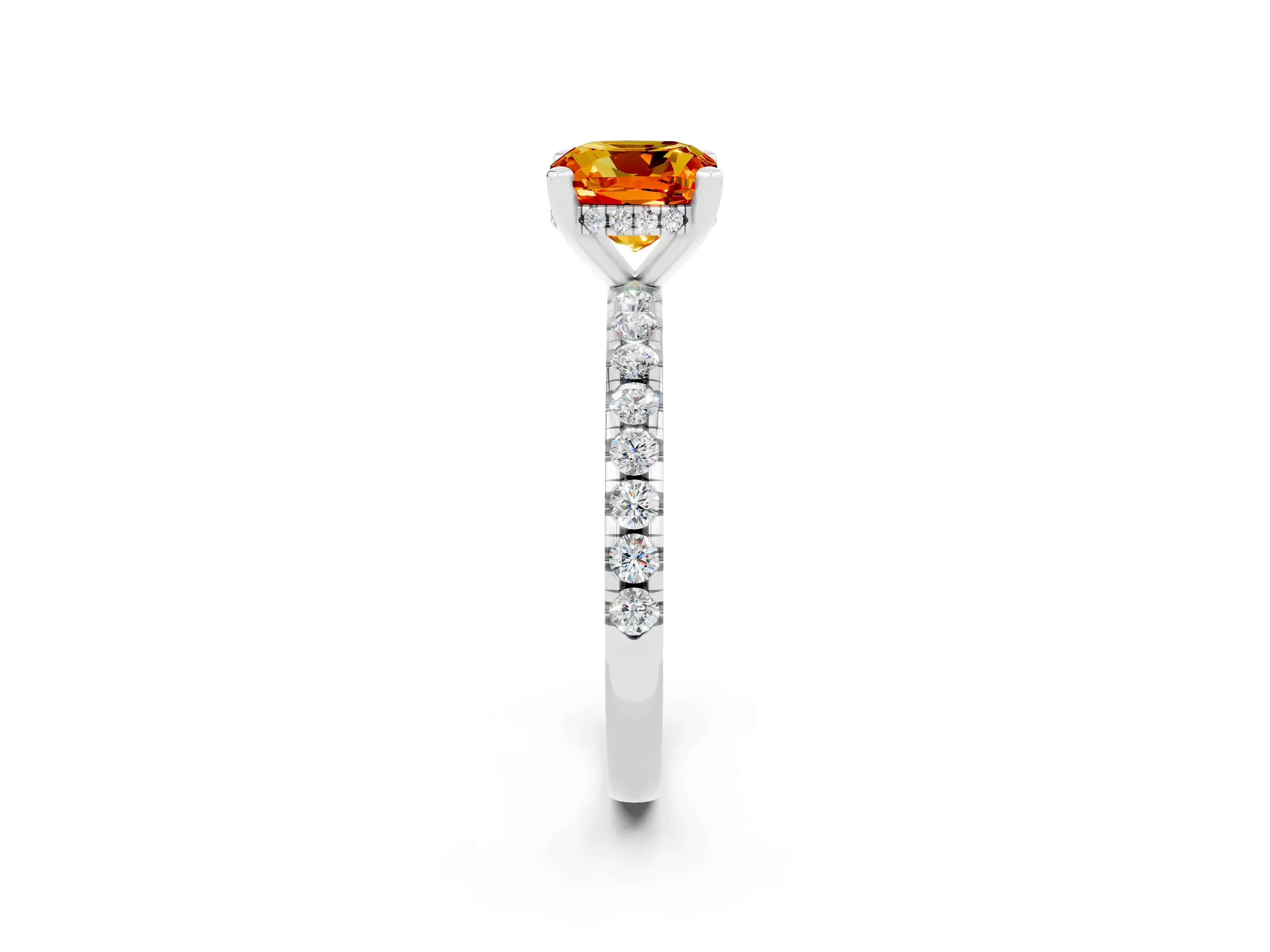 White gold Cushion Cut Citrine Solitaire Ring with Pavé Band and Four-Prong Setting_26