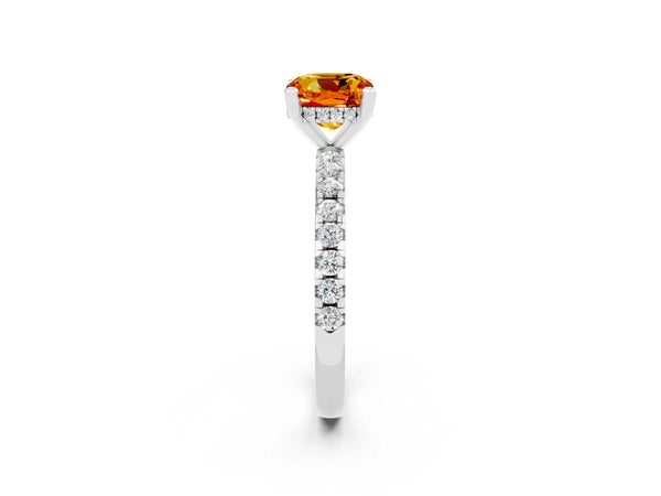 Platinum Cushion Cut Citrine Solitaire Ring with Round  Pavé Band and Four-Prong Setting