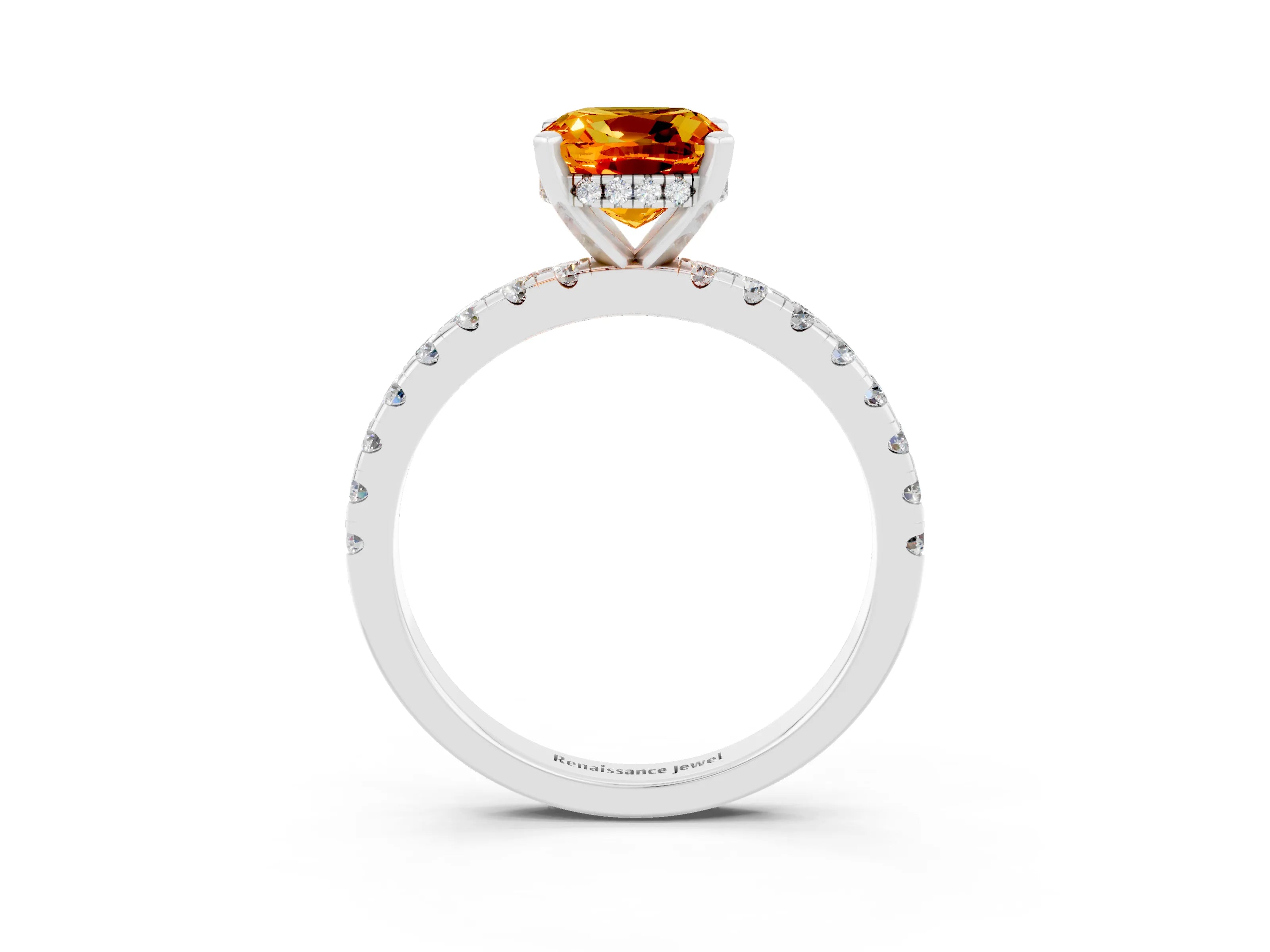 White gold Cushion Cut Citrine Solitaire Ring with Pavé Band and Four-Prong Setting_27