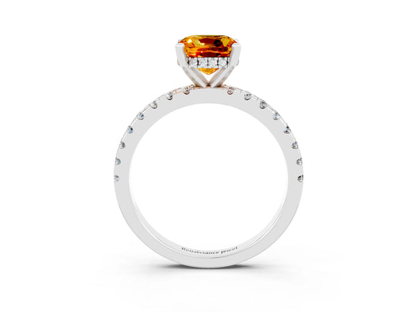 Platinum Cushion Cut Citrine Solitaire Ring with Round  Pavé Band and Four-Prong Setting