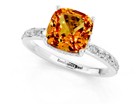 White gold Cushion Cut Citrine Solitaire Ring with Pavé Band and Hidden Halo_1