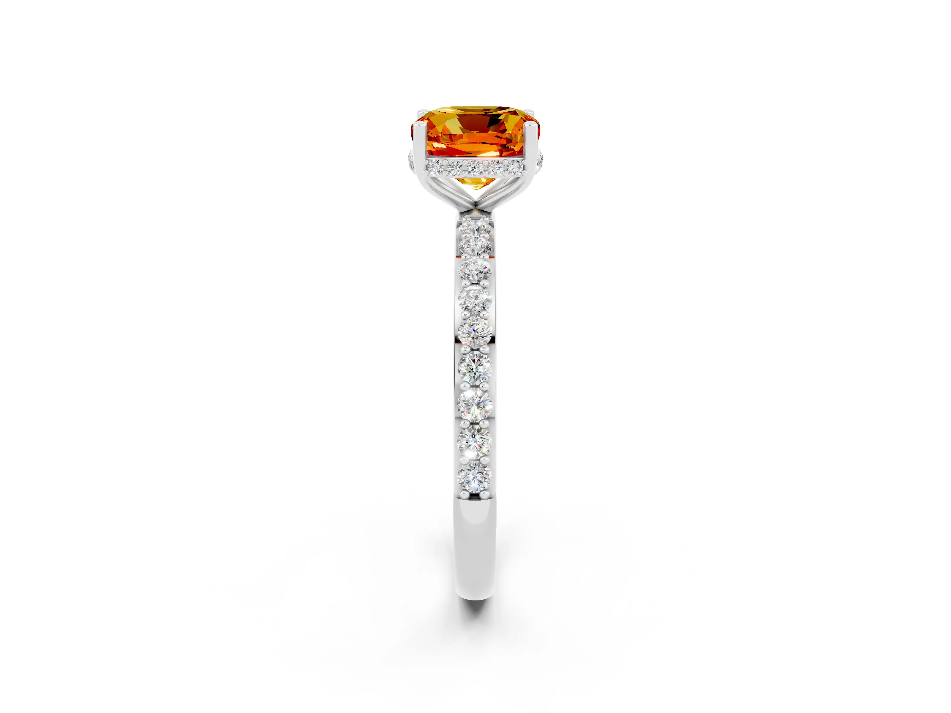 White gold Cushion Cut Citrine Solitaire Ring with Pavé Band and Hidden Halo_2