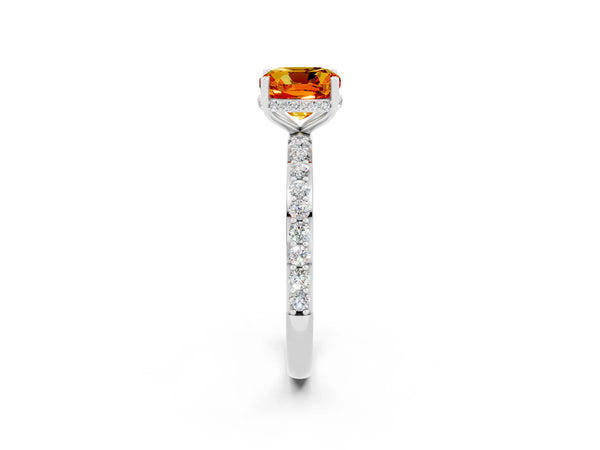 Platinum Cushion Cut Citrine Solitaire Ring with Pavé Band and Hidden Halo
