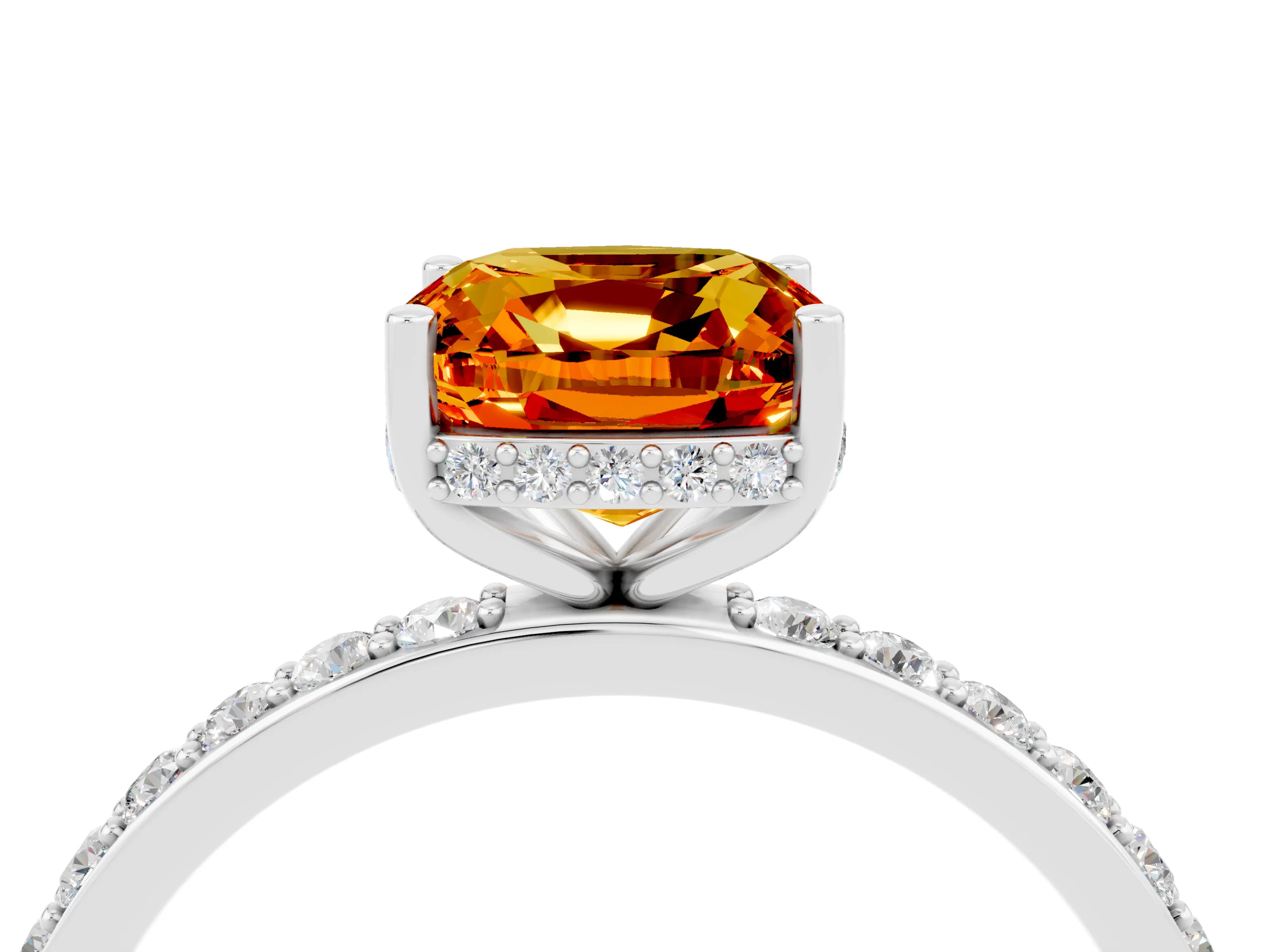 White gold Cushion Cut Citrine Solitaire Ring with Pavé Band and Hidden Halo_28