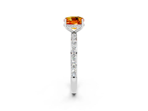 White gold Cushion Cut Citrine Solitaire Ring with Pavé Band and Hidden Halo_2