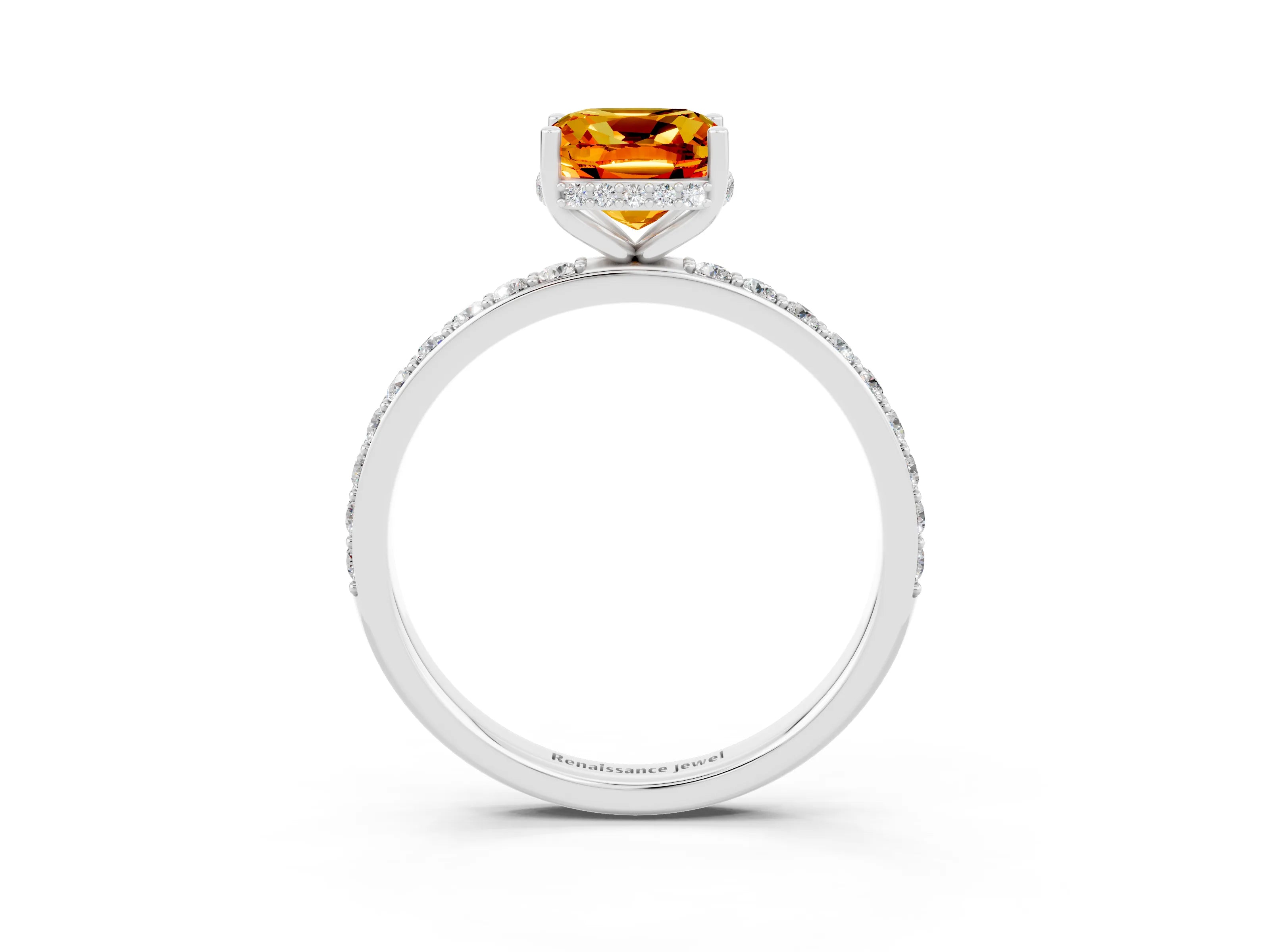 White gold Cushion Cut Citrine Solitaire Ring with Pavé Band and Hidden Halo_3