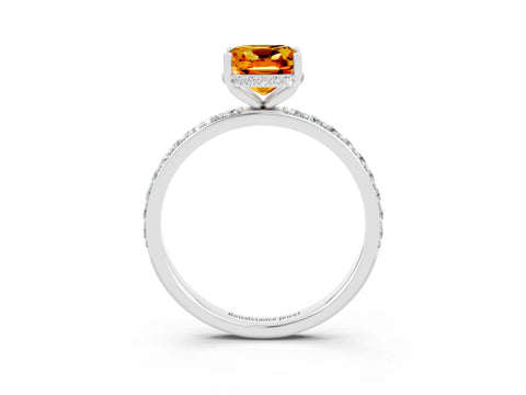 White gold Cushion Cut Citrine Solitaire Ring with Pavé Band and Hidden Halo_3