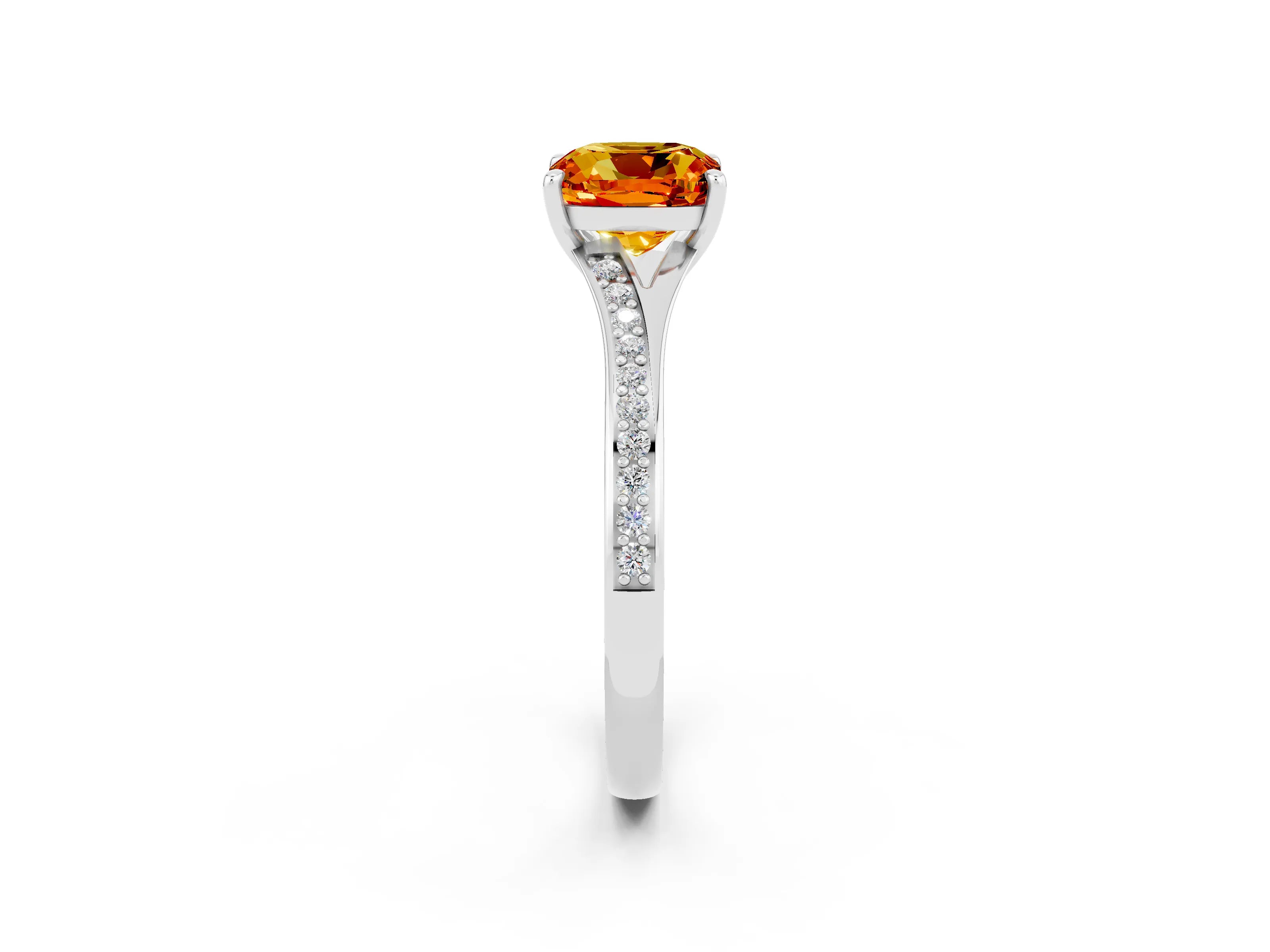 White gold Cushion Cut Citrine Solitaire Ring with Pavé Band and Prong Setting_14