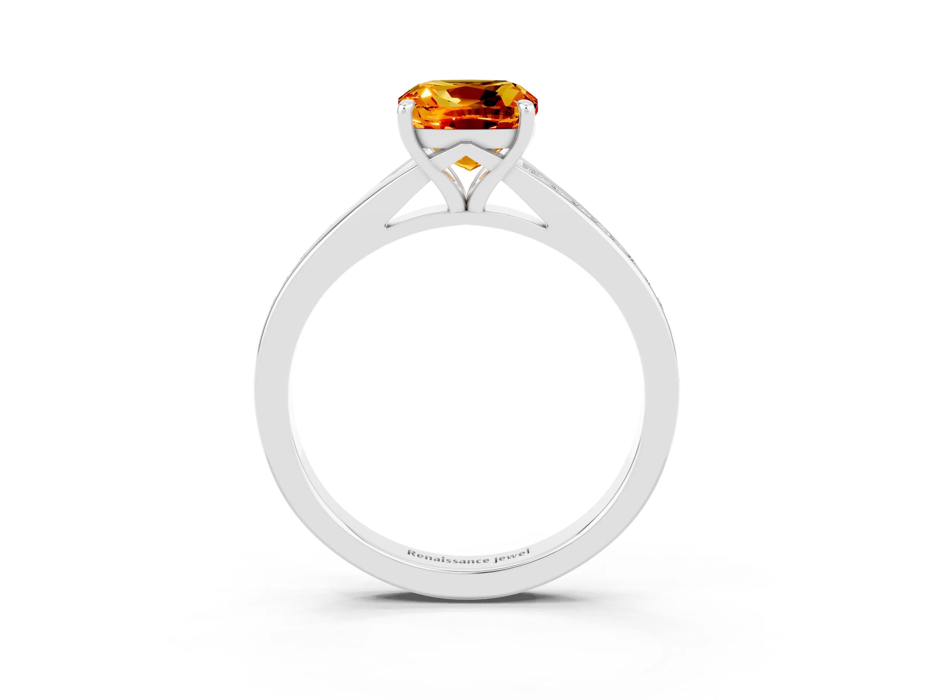 White gold Cushion Cut Citrine Solitaire Ring with Pavé Band and Prong Setting_15