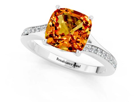 White gold Cushion Cut Citrine Solitaire Ring with Pavé Band and Prong Setting_1