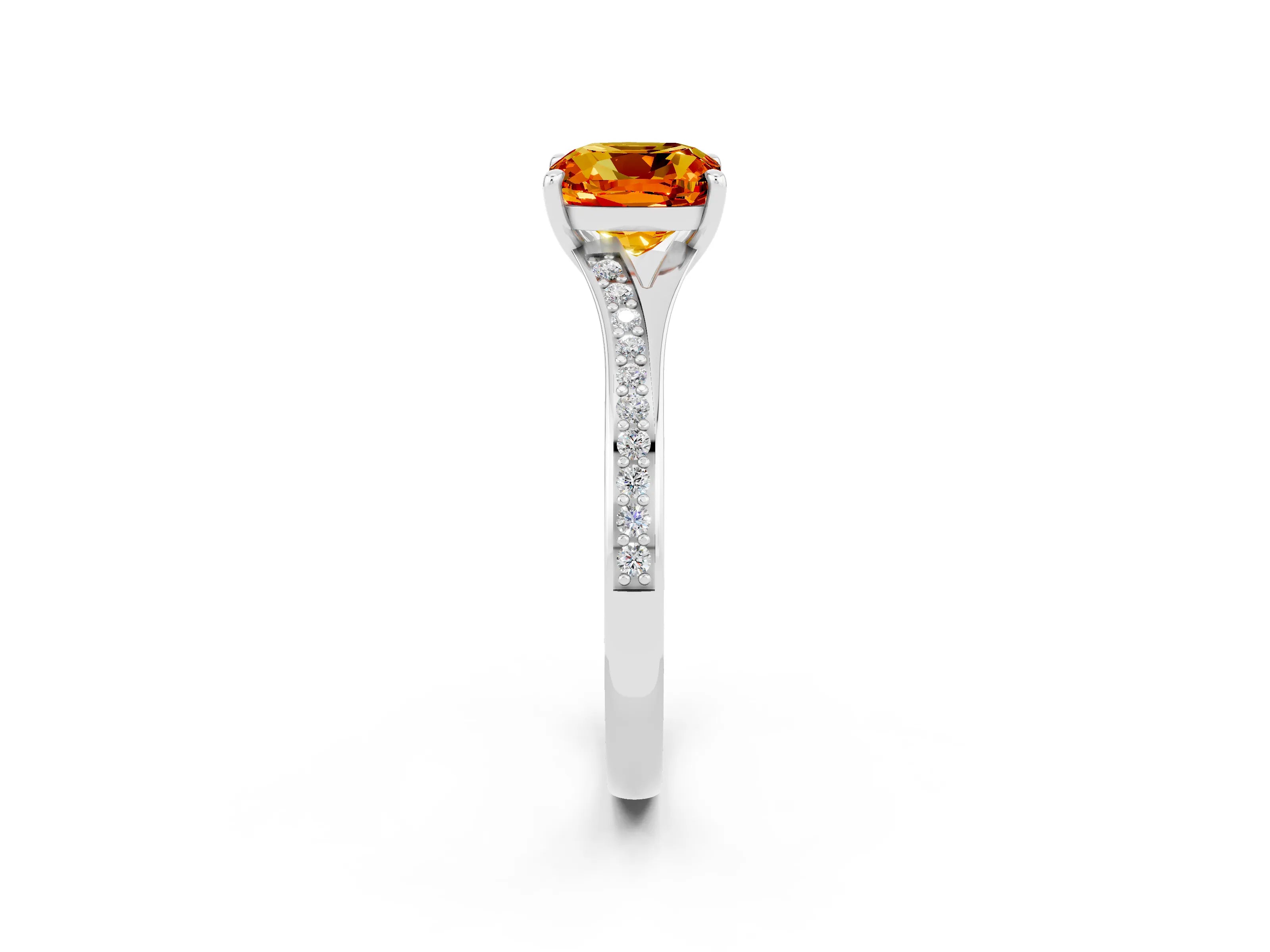 White gold Cushion Cut Citrine Solitaire Ring with Pavé Band and Prong Setting_2