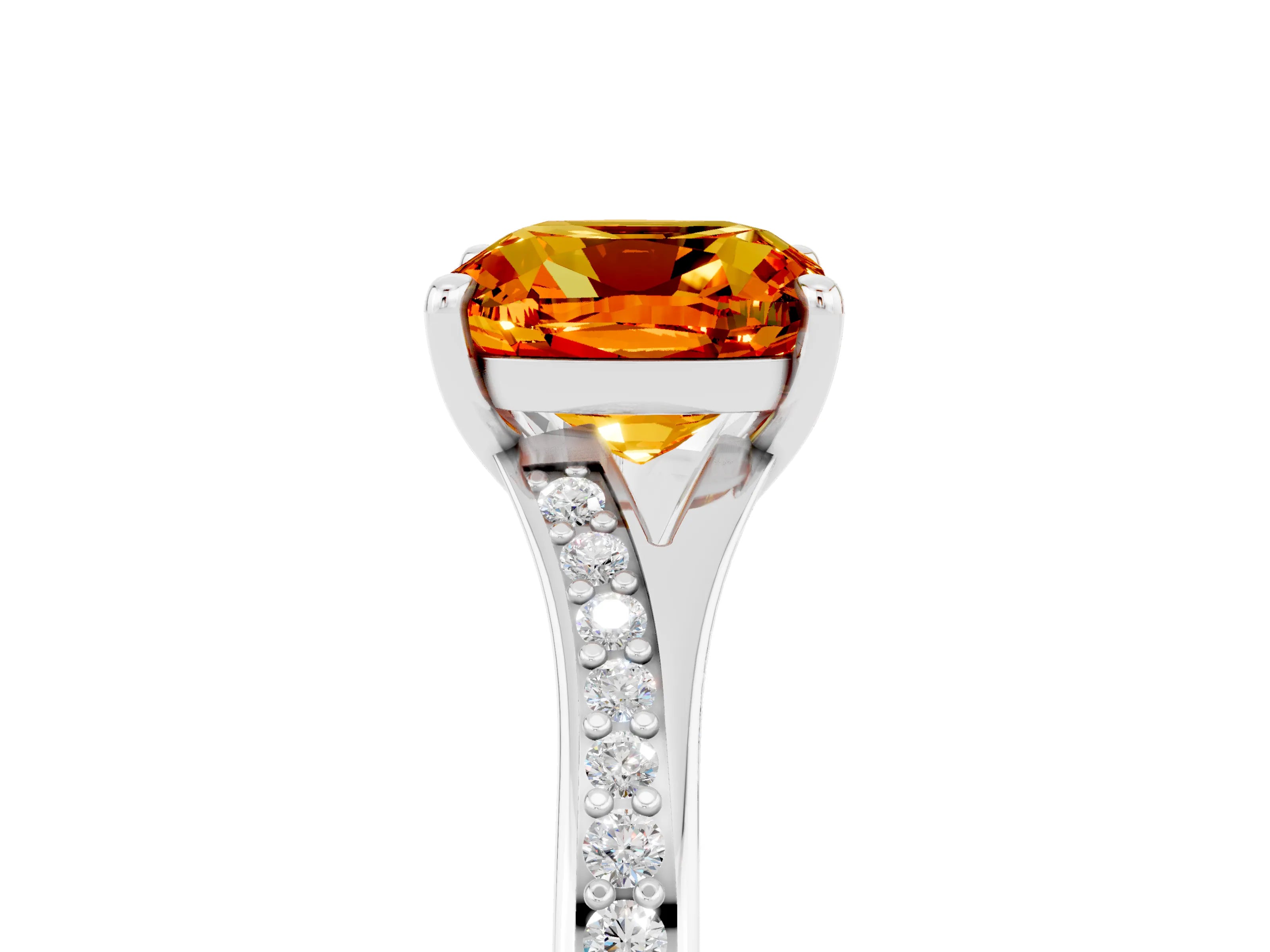 White gold Cushion Cut Citrine Solitaire Ring with Pavé Band and Prong Setting_5