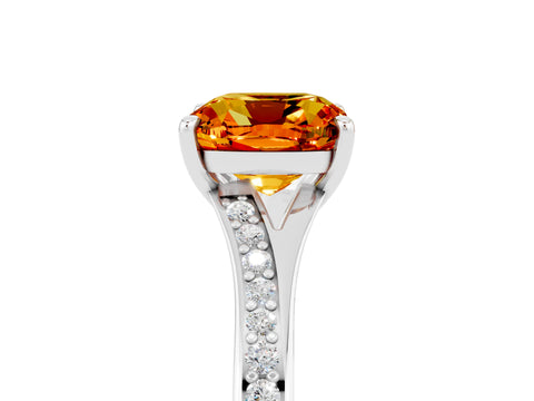 White gold Cushion Cut Citrine Solitaire Ring with Pavé Band and Prong Setting_5